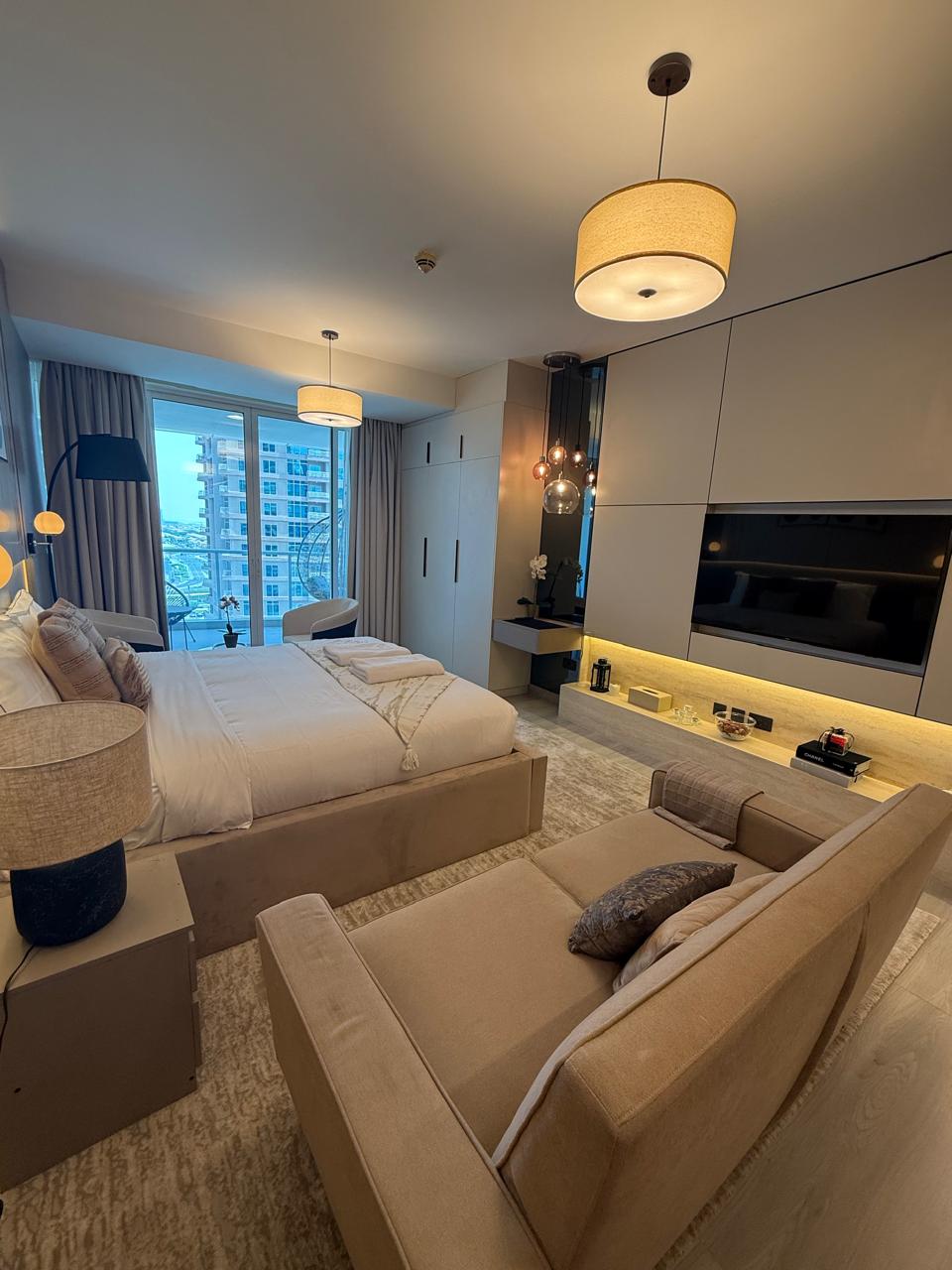 Furnished studio with sofa, bed and Marina view